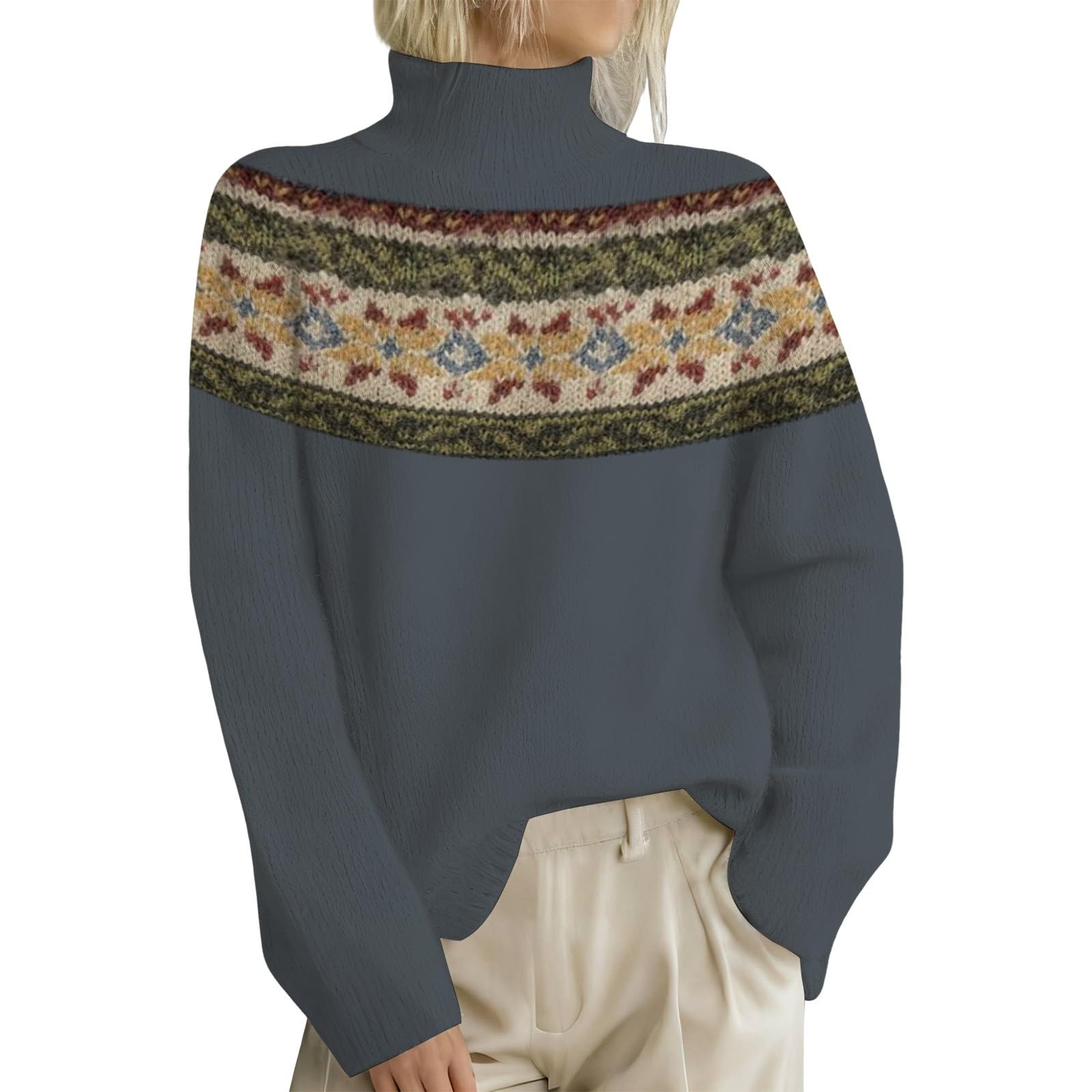 Womens Turtleneck Knitted Fair Isle Print Retro Sweater Vintage Sweaters Casual Loose Crewneck Long Sleeve Pullover Tops
