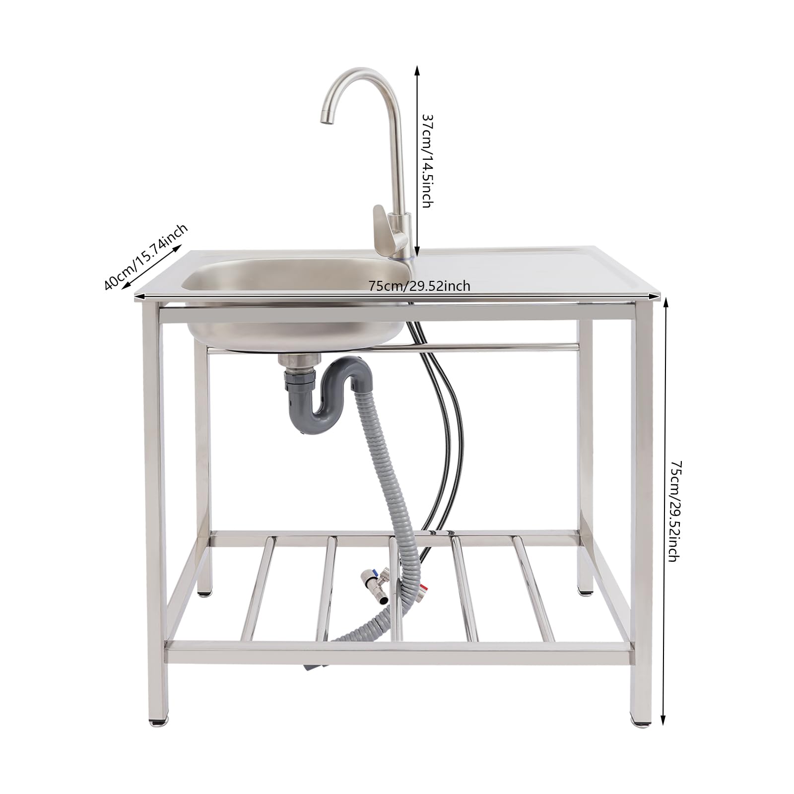 Lavello da esterno autoportante, 1 vasca lavello mobile con rubinetto per acqua calda e fredda e mobiletto sottostante, tavolo lavello in acciaio inox lavello da cucina per ristoranti, caffè