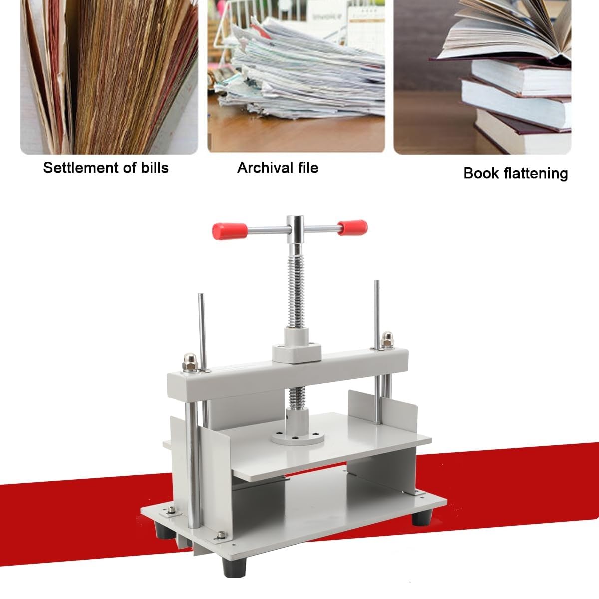Macchina da stampa per carta piatta manuale con doppia asta di bilanciamento, rilegatura a libro in acciaio, per appiattire fatture, libri, documenti