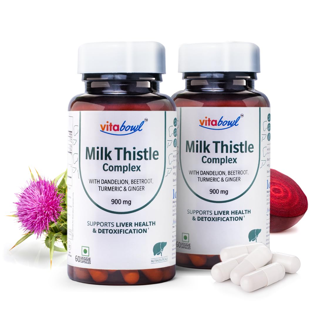 Vitabowl Milk Thistle Complex 15000mg | 30:1 High Strength Extract (80% Silymarin) | Liver Detox, Cleanse & Repair Supplement | Dandelion, Beetroot, Turmeric, Ginger Blend | Vegan, GMP, FSSAI Certified | 120 Capsules