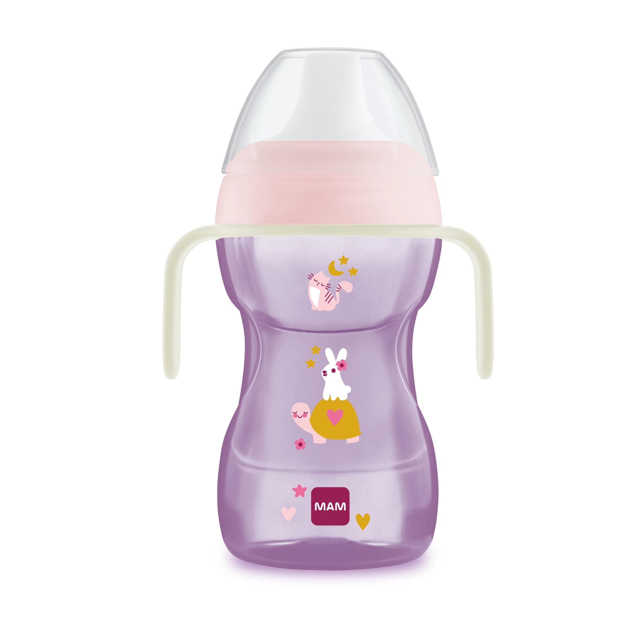MAM Fun to Drink Cup Night Tazza bambini 270 ml, Biberon acqua per neonati 8+ mesi con manici che si illuminano al buio, Borraccia neonato con beccuccio anti-goccia e valvola per flusso libero, Rosa