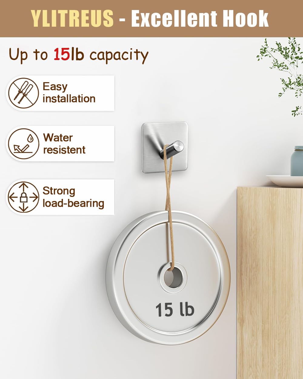 YLITREUS Ganci Adesivi Acciaio Inox 6 Pezzi - Ganci per Accappatoio Senza Forare, Impermeabili e Antiruggine, Adatti per Bagno e Cucina, Argento