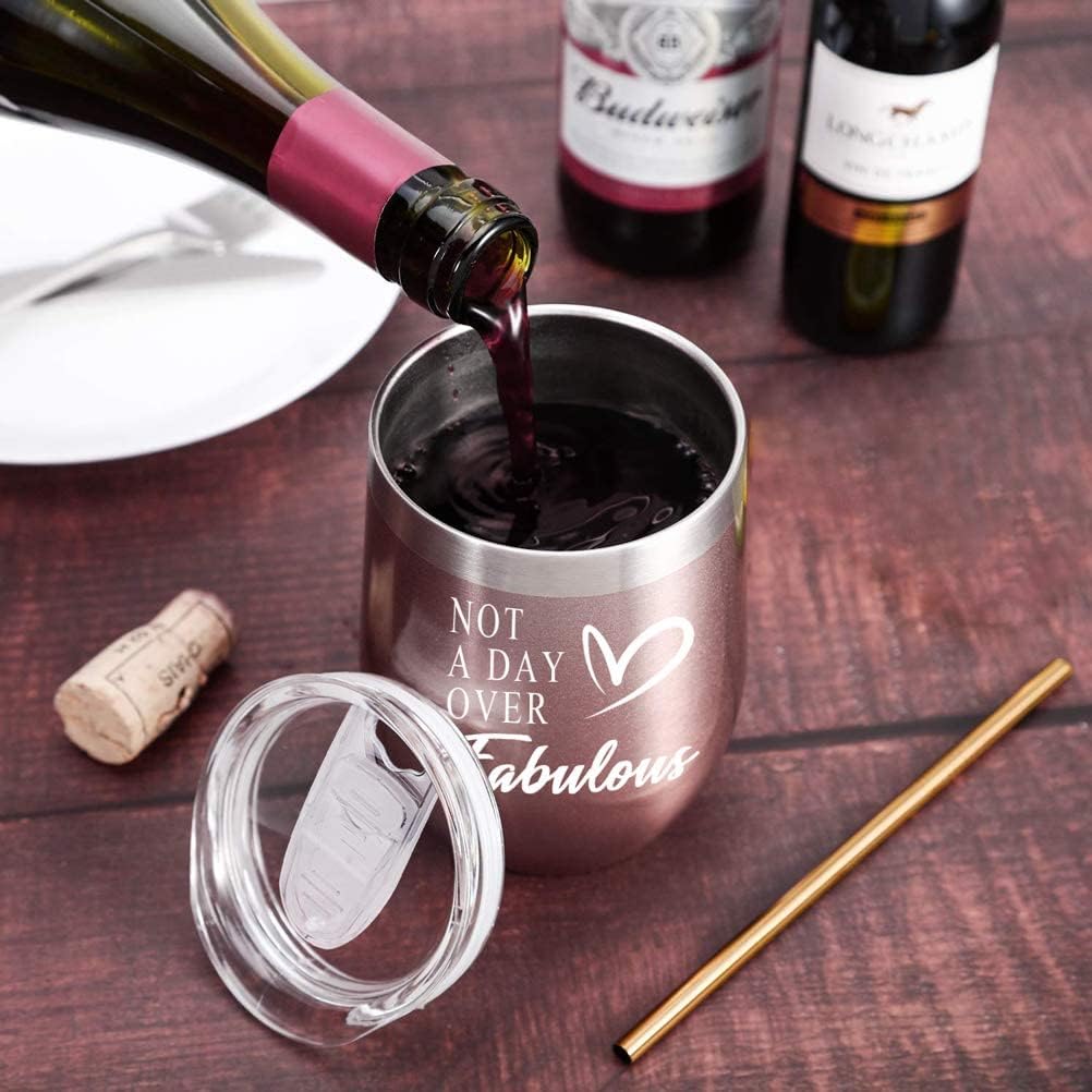 Buy 2 get 3 WONDAY Gifts for Women-Birthday Gifts for Women-Wine Gifts Ideas for Women, Mother, BFF, Mom, Friends, Wife, Daughter, Sister, 12 OZ Stainless Steel Wine Tumbler with Lid and Coffee Spoon (RoseGold)