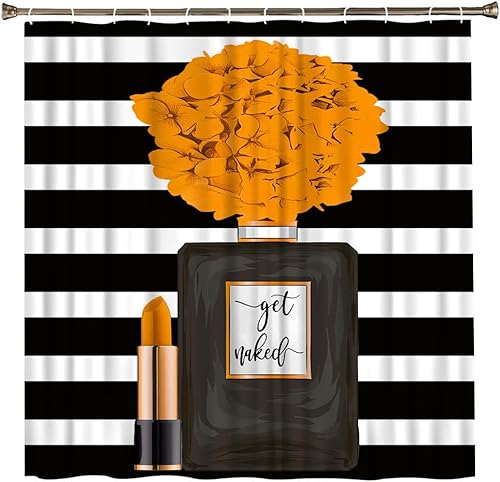 Miniatura 8 de Cortina de ducha negra con diseño de flores para niña, mujer, pintalabios, encantadora decoración de baño, juego de baño con gancho, 70 pulgadas de