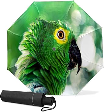 Automatic Folding Umbrella, Green Parrot Bird Waterproof Compact Sun and Rain Travel Umbrellas for Women & Men