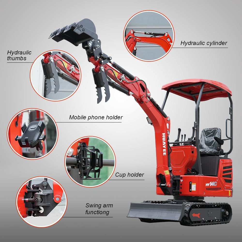 Overview of HY14C Mini Excavator components including hydraulic thumbs, mobile phone holder, cup holder, swing arm function, and hydraulic cylinder.