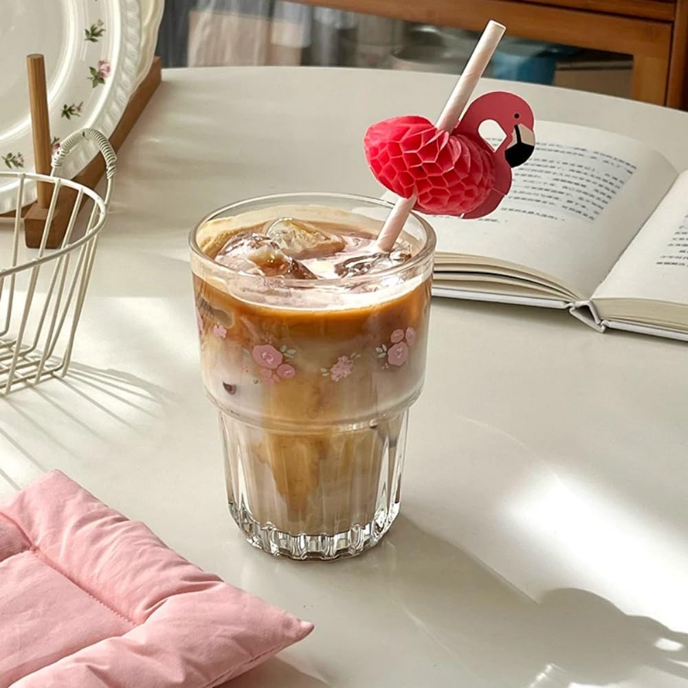 2 Pack Cute Glass Cup Floral Drinking Glasses for Iced Coffee