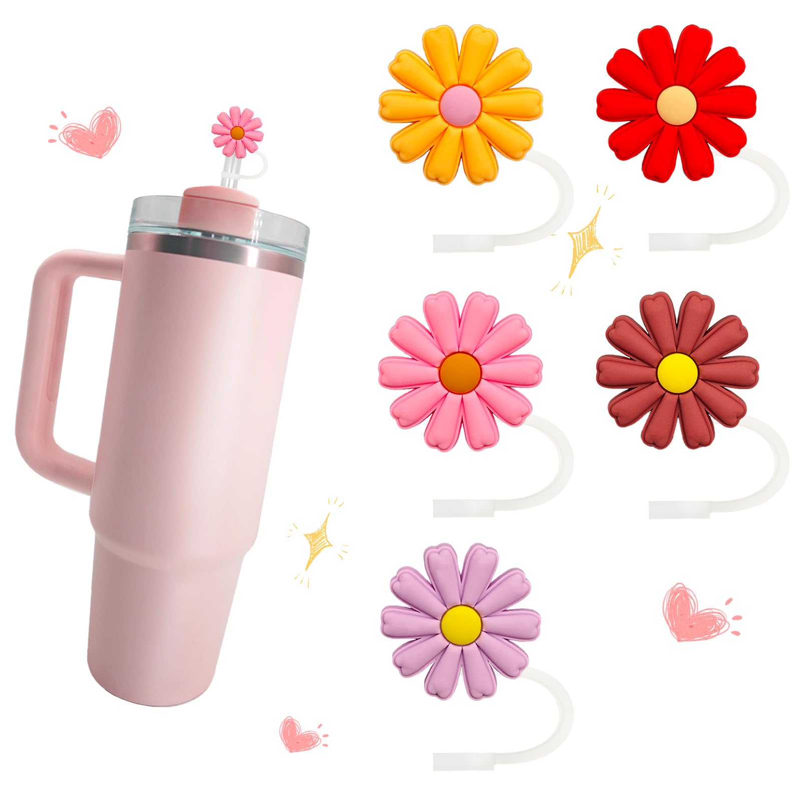 5Pcs warm tones Flower Silicone Straw Cover Cap for Stanley Cup, Reusable 10mm (0.4in)