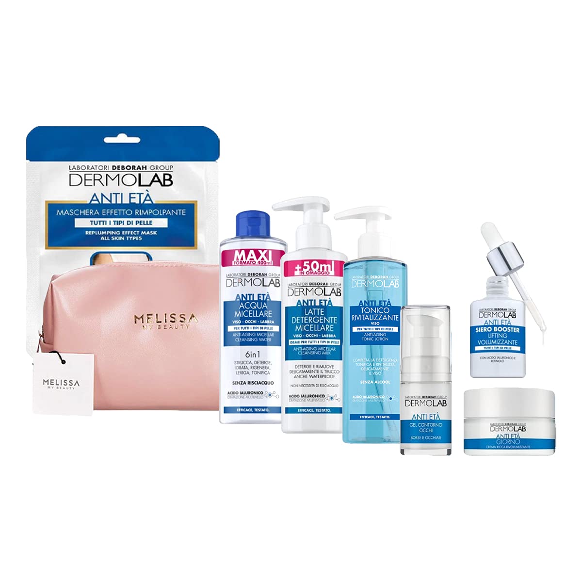 DERMOLAB Kit Anti Età : Maschera - Acqua micellare - Latte detergente - Tonico - Gel contorno occhi - Crema ricca giorno - Siero booster + Pochette
