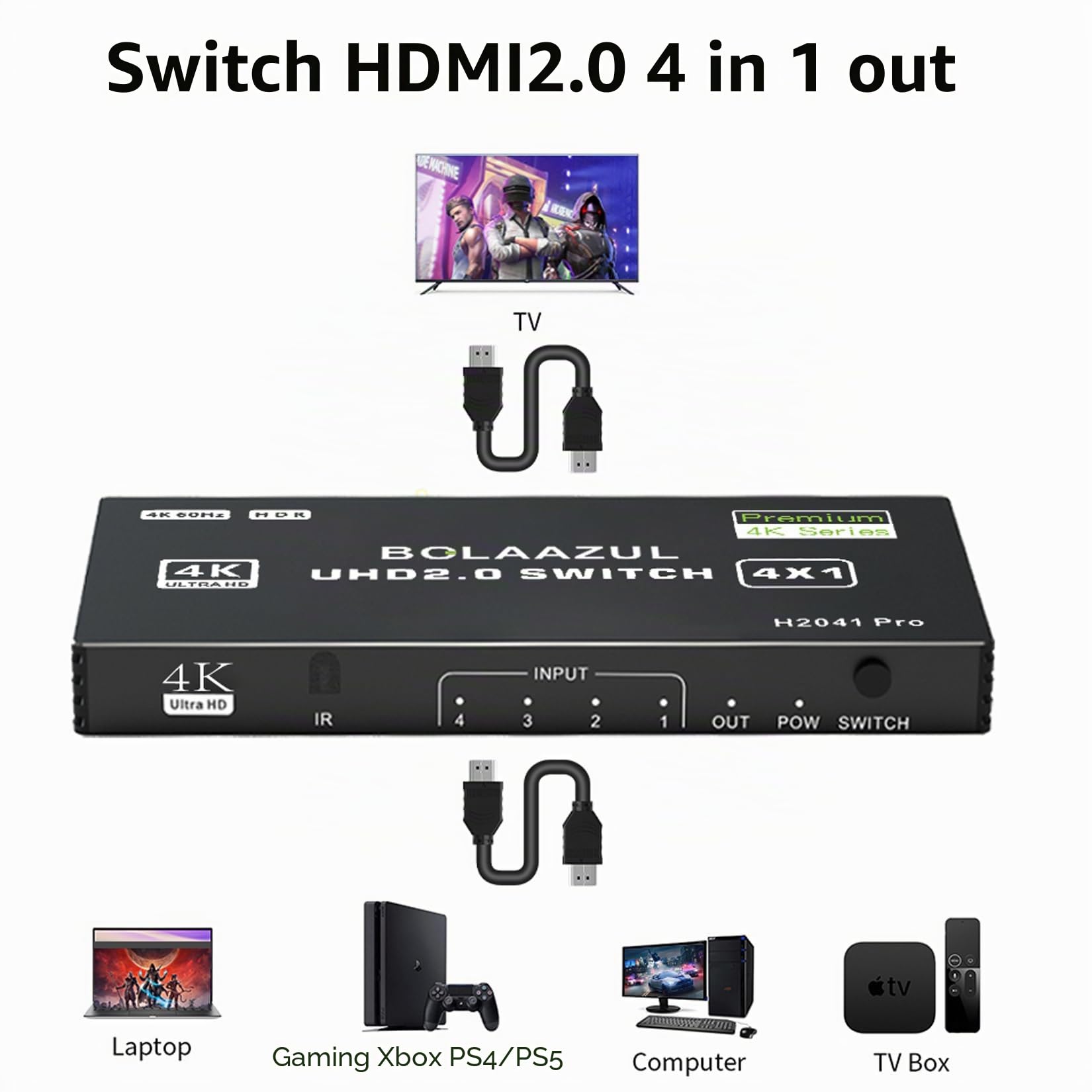 BolAAzuL Switch HDMI 4 in 1 Out 4K 60Hz, Port Expander Hub Selettore Commutatore Video Con Telecomando, Supporto 3D, HDCP2.2, HDR per PS5/PS4Pro/PS4, Xbox Series X/S