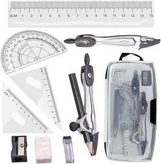 Tuloka Drafting Compass Set 10pcs School Maths Protractor Set Rulers for Student Maths and Home Schooling Drafting in Carry Case