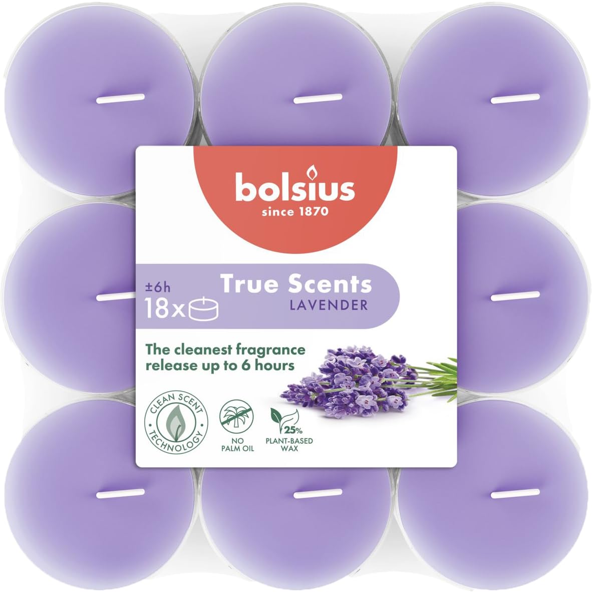Bolsius - True Scents - 18 Velas de té perfumadas - Lavanda - Larga duración de combustión de 6 horas - Diámetro 39 mm - Extractos naturales - Cera vegana - Sin aceite de palma