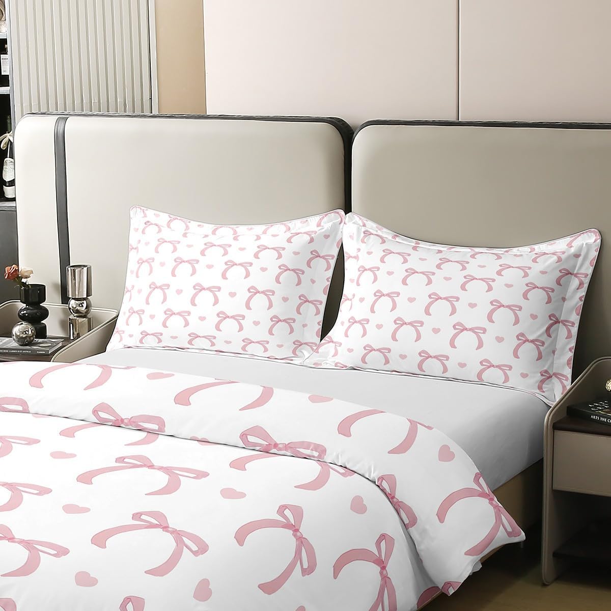 Girly Bowknot 100% Nature Cotton Kids Duvet Cover Watercolor Pink Bow Princess Style Comforter Cover Twin Size with 1 Pillowcase Bow Tie Love Heart Shape Print Aesthetic Luxury Bedding Set