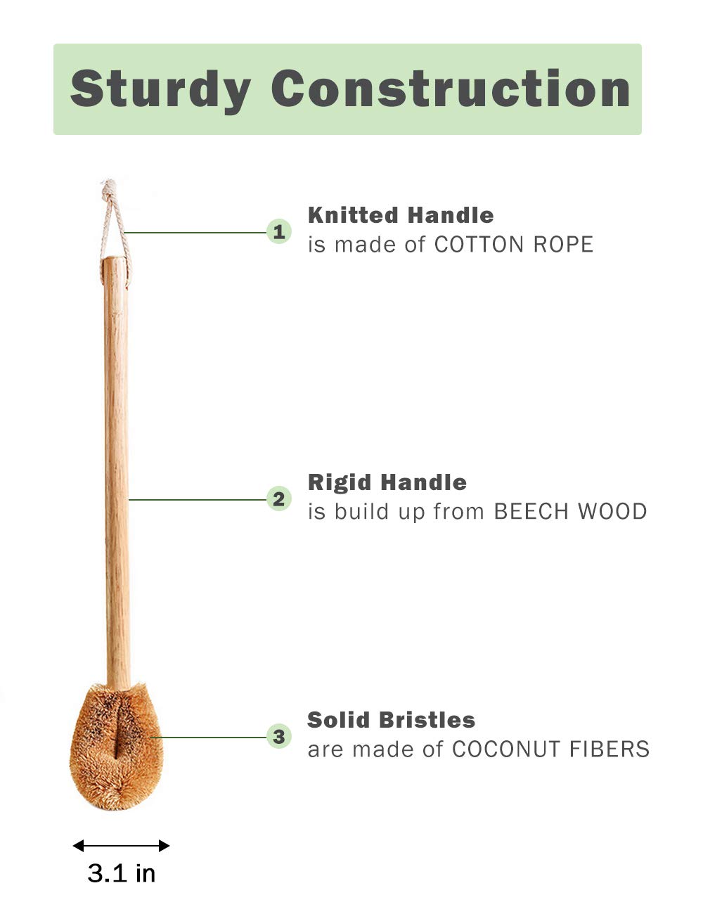 Version moderne mise à jour de la brosse pour WC Tête de brosse en fibre de coco naturelle et manche en bois de hêtre pour salle de bain Robuste et profond Respectueuse de l'environnement