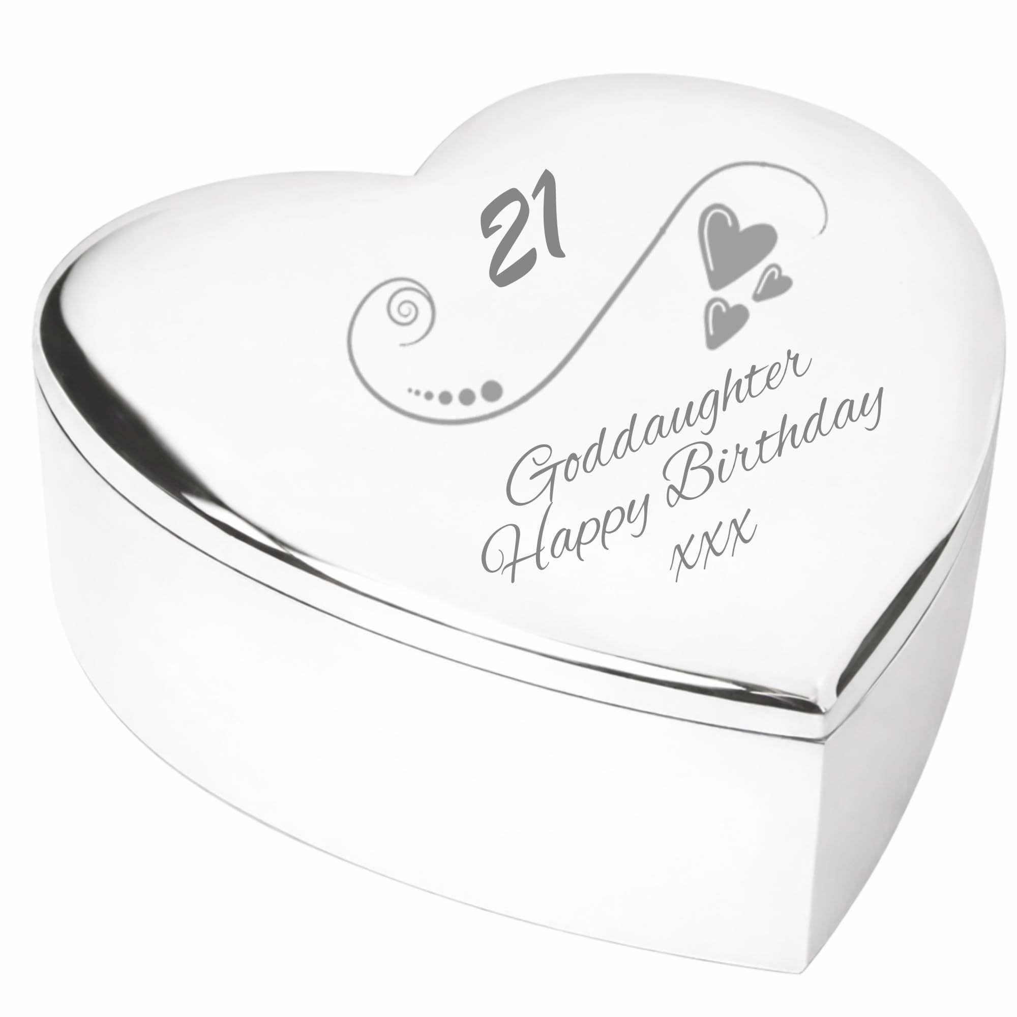 Chris Bag Of Goodies 21st 21 Twenty First Birthday Gift For Goddaughter Engraved Silver Finish Heart Shaped Trinket Box Keepsake Present Idea from Godparents Godmother Godfather