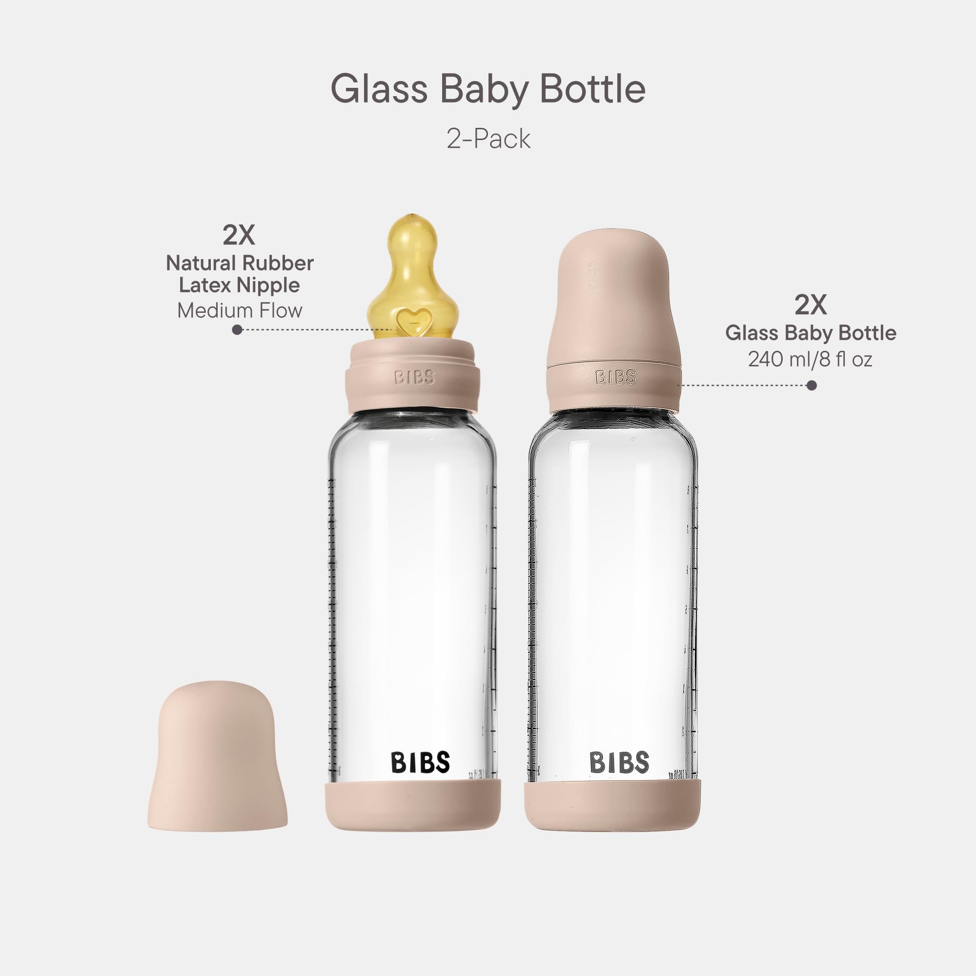 BIBS Baby Glass Bottle 240ml, 2er Pack, Vermindert Koliken, Runder Sauger aus Naturkautschuklatex, Unterstützt das Stillen, Complete Set - 240 ml (Pack of 2), Blush