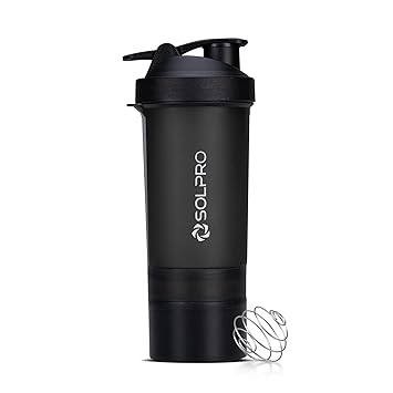 SOLPRO Polypropylene Ignite Shaker Bottle | 750Ml | Built In Storage Compartment | Leak-Proof And Portable | Non-Slip Grip | Ideal For Protein Shakes, Smoothies, Pre Workout And More | BPA Free Black - image, photos