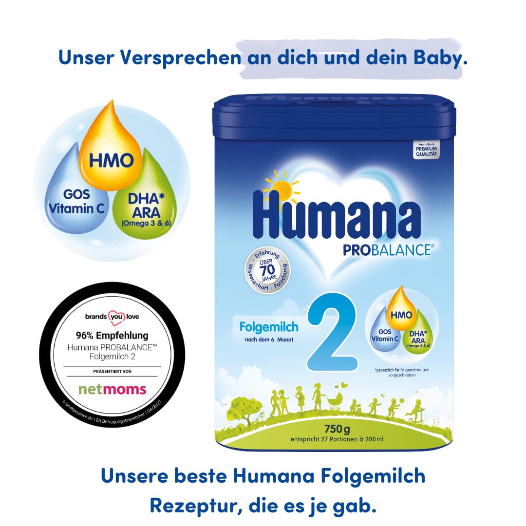 Humana PROBALANCE Folgemilch 2, nach dem 6. Monat, Babynahrung im Anschluss an das Stillen oder einer Anfangsnahrung, ideal zum Zufüttern oder als alleinige Milchnahrung, 4 x 750 g