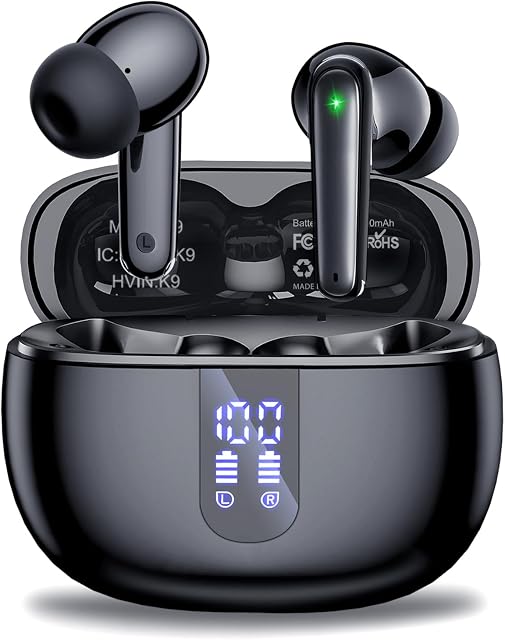 Écouteurs sans fil, Casque Bluetooth 5.3 avec son HiFi stéréo, 40 h d'autonomie avec étui de chargement à affichage LED, étanche IPx7, écouteurs intra-auriculaires avec micro pour téléphone, ordinateur portable, Noir profond