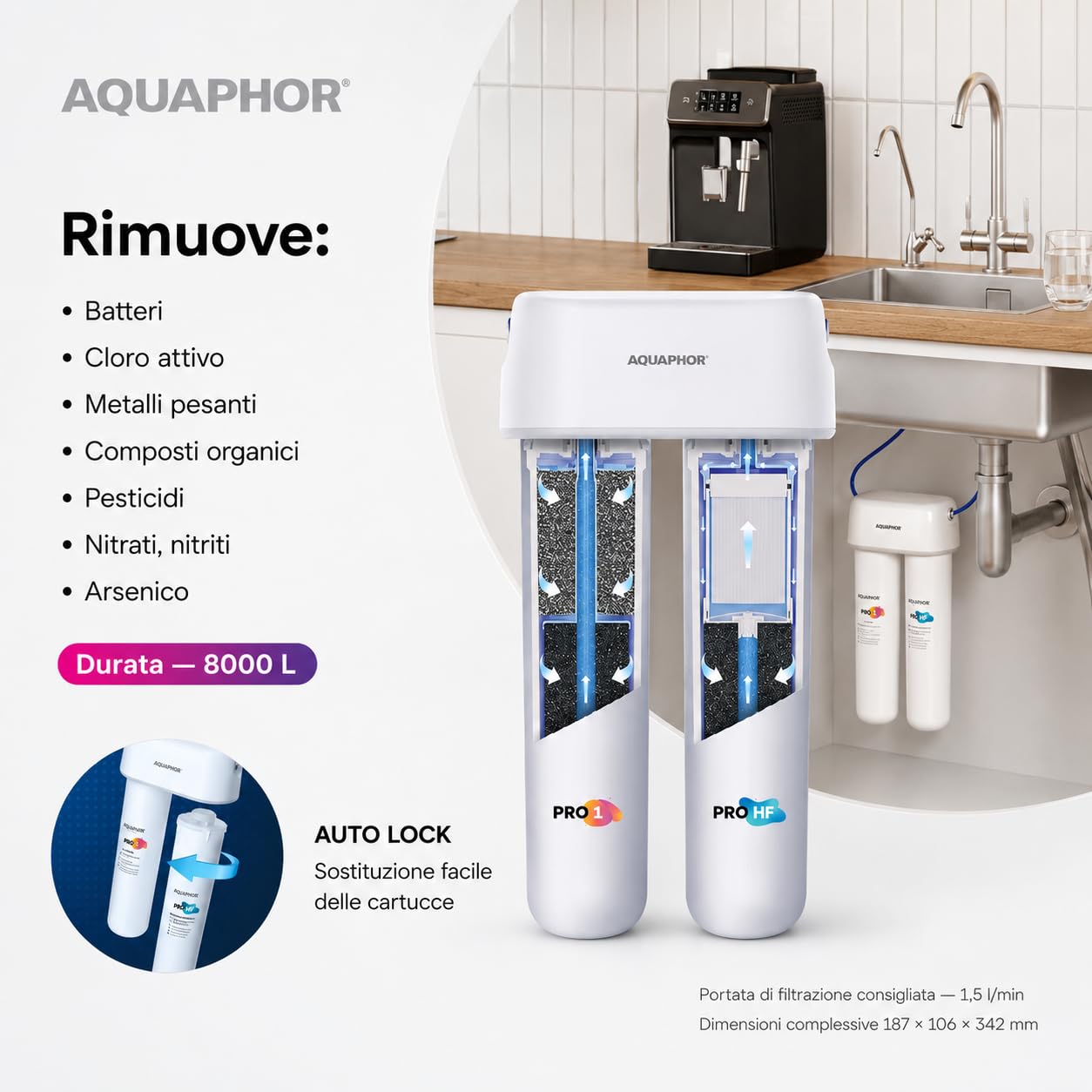 AQUAPHOR DUO HF Pro Sistema Filtrante Sottolavello con Rubinetto + Set di 2 Cartucce di Ricambio Pro 1 e Pro HF, Membrana a Fibra Cava