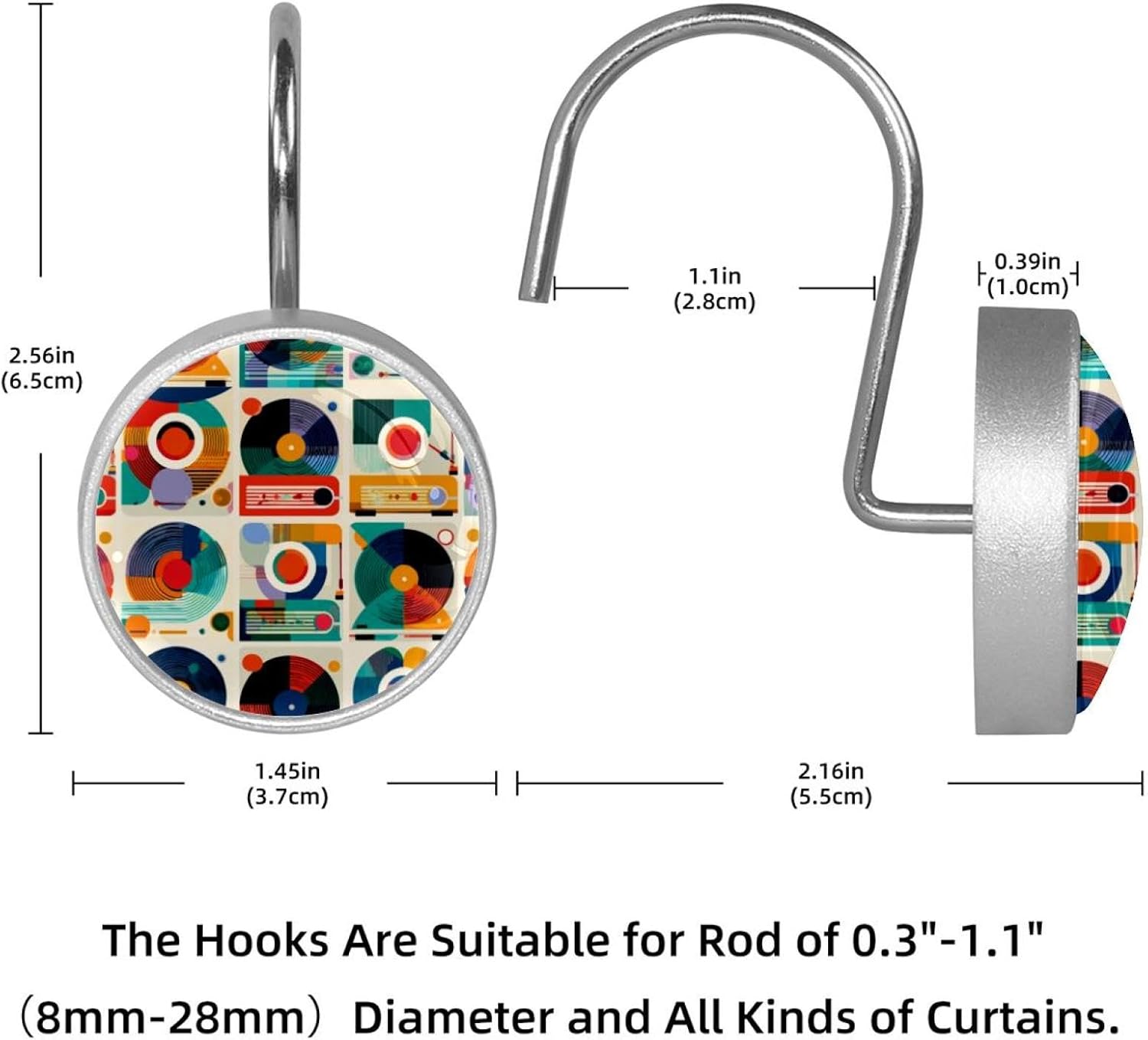 12PCS Color Record Player Pattern (13) Shower Curtain Hooks Rings for Bathroom, Decorative Shower Curtain Hooks Rods Curtains and Liner