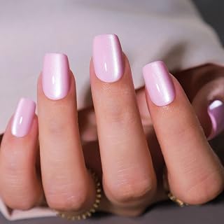 LAMIMOSA 32Pcs Cat Eye Press On Nails Short Square – Dusty Pink Nail Kit, Soft Gel Fake Nails in 16 Sizes, Reusable Glue on Nails, ROSE QUARTZ