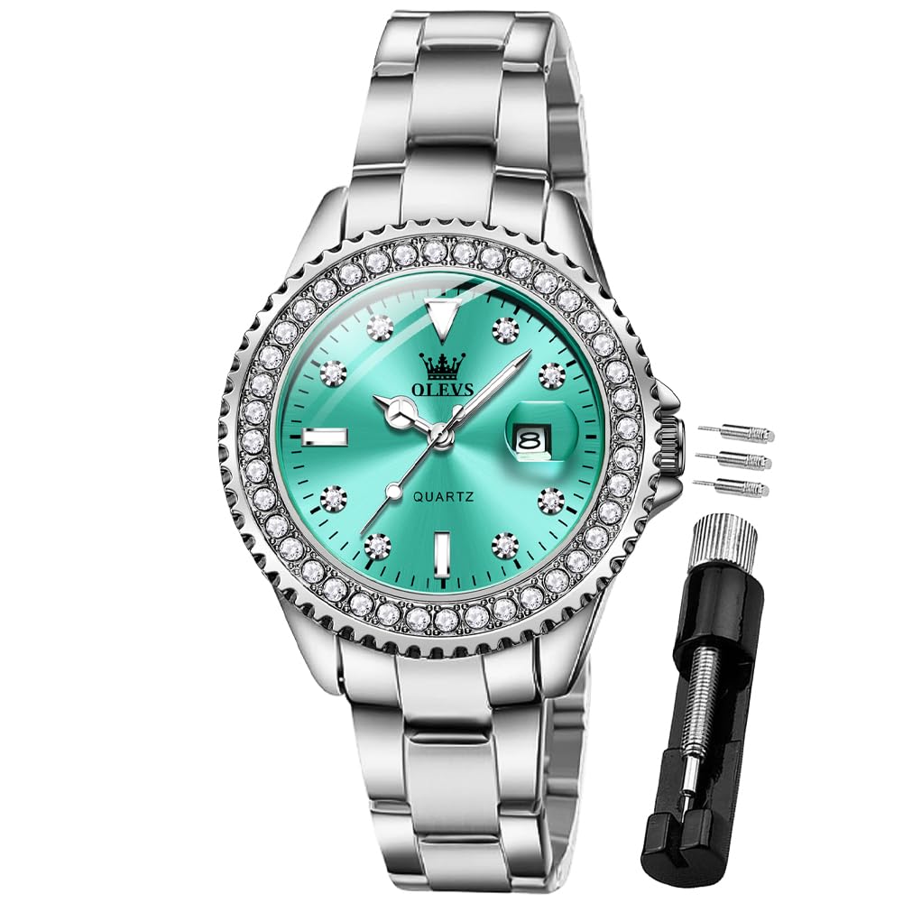 OLEVS Damen-Diamantuhr kleines Zifferblatt wasserdicht Leuchtend Edelstahl analog Quarz Elegante Damenuhr