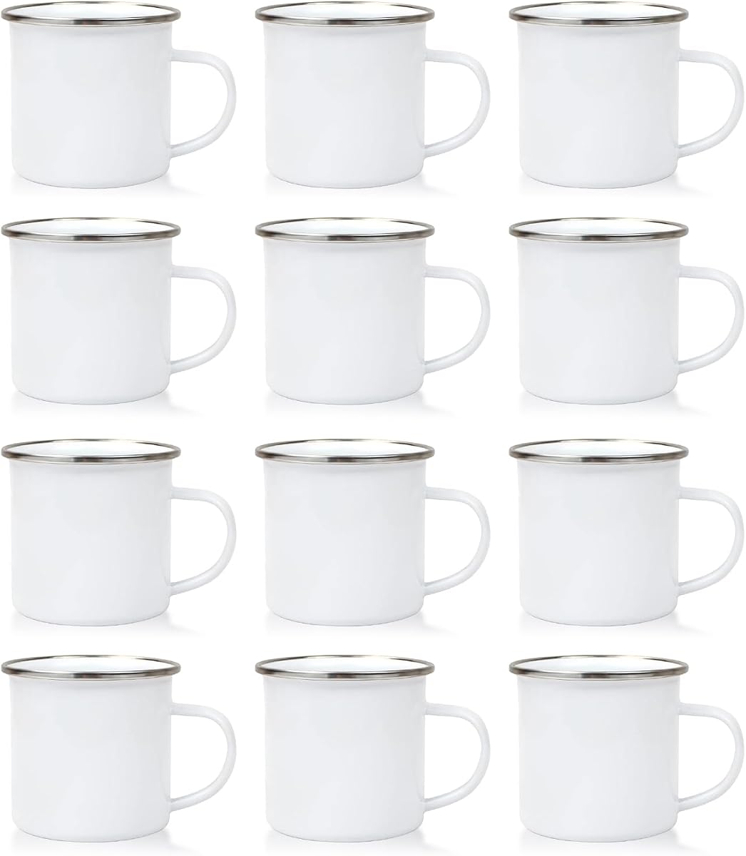12oz White Enamel Mug Silver Rim Sublimation | 12 Pcs 12oz white sublimation blank enamel mug, silver rim, camping/travel/coffee, holiday gift