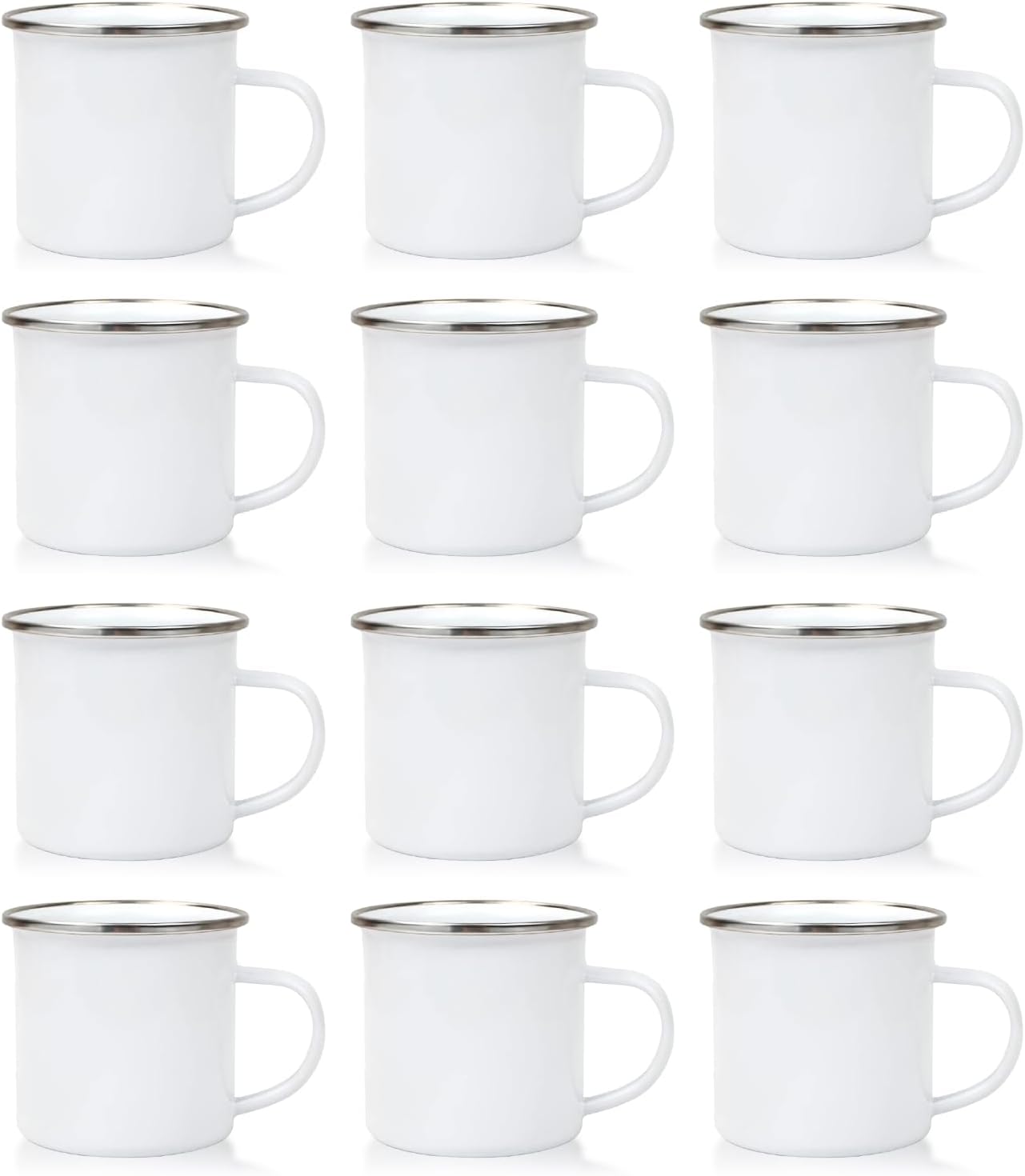 12Pcs Sublimation Blank White Enamel Mug 12 OZ with Silver Rim Camping Travel Coffee Metal Mug Can be used as a gift for Christmas Thanksgiving Mother's Day Father's Day