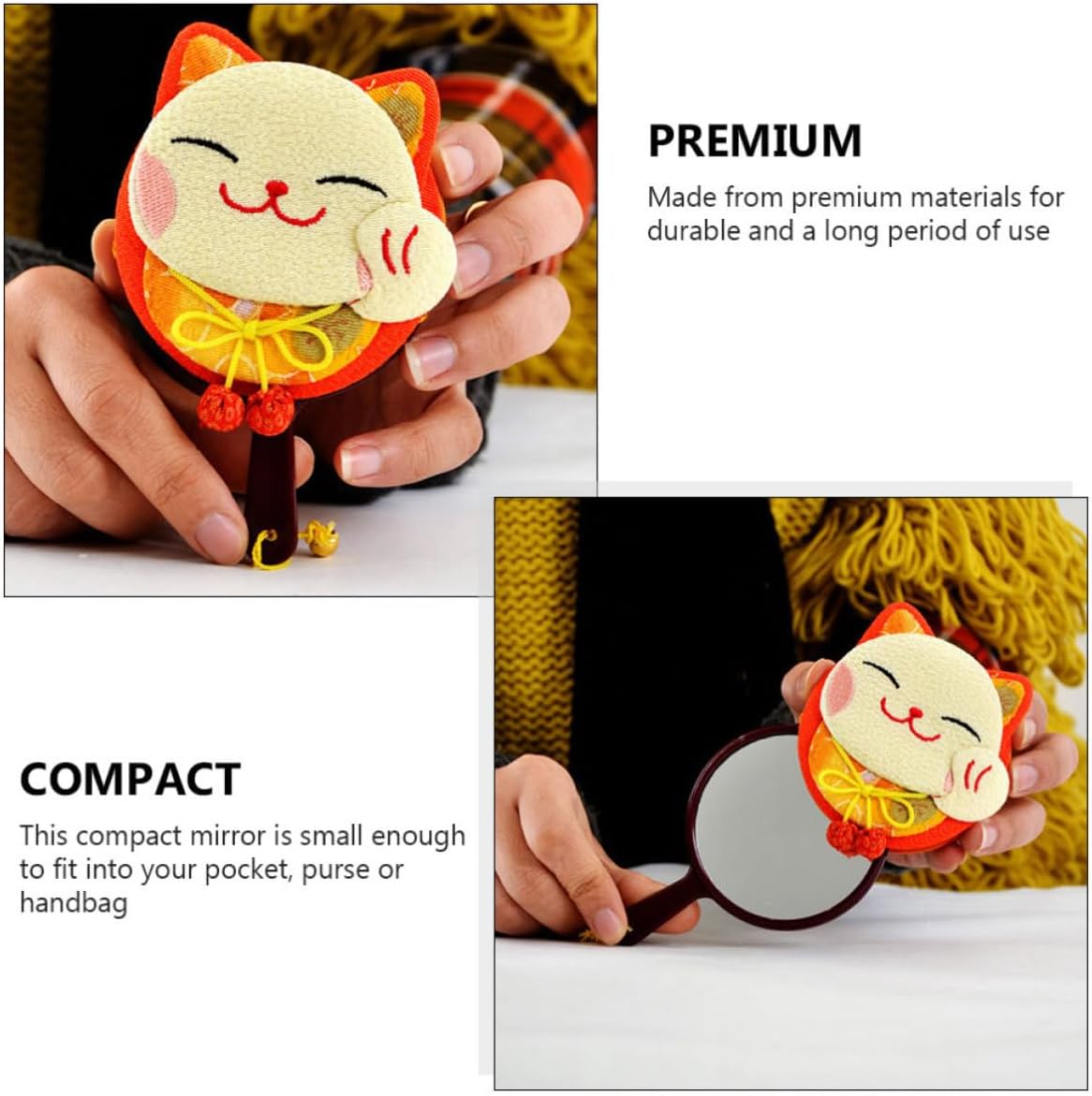 Ciieeo Handheld Makeup Mirror with Fortune Cat Pattern, Portable and Sturdy Pu Material Cosmetic Mirror for Apply Makeup and Party Use, Stylish Cartoon Design for Women and Random Color image 3
