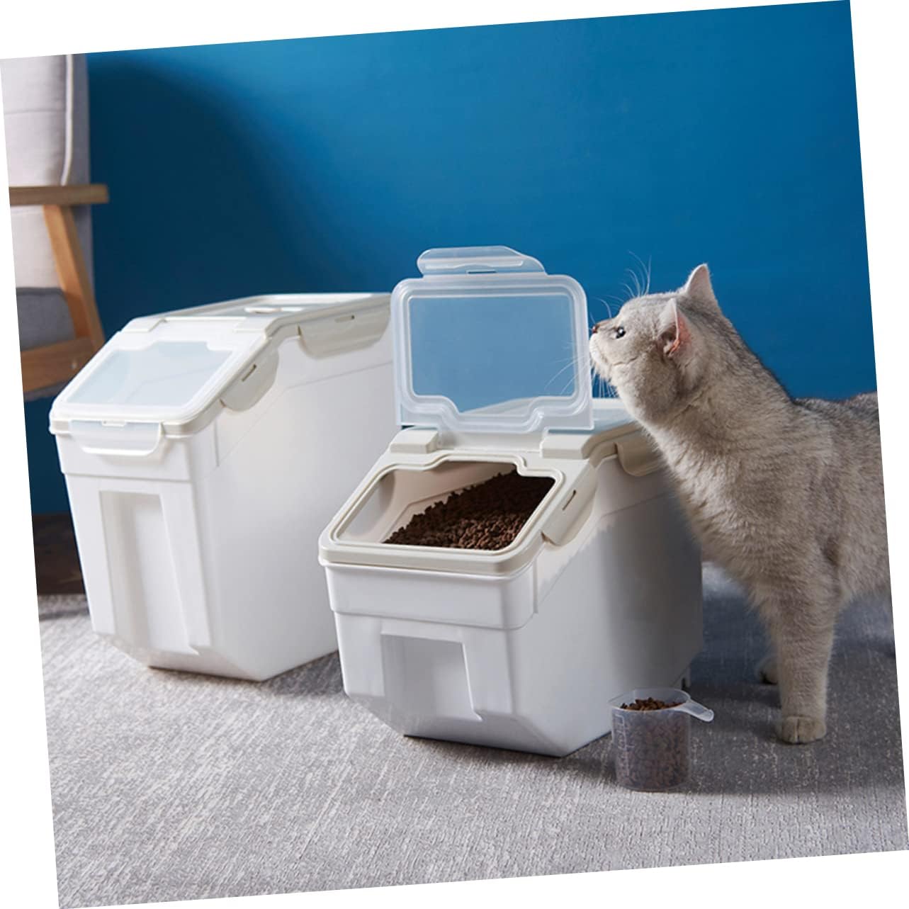 Pet Food Container with Measuring Cup Moistureproof Storage for Dog Cat Food for Indoor Outdoor Use Thickened Design Beige for Travel Litter