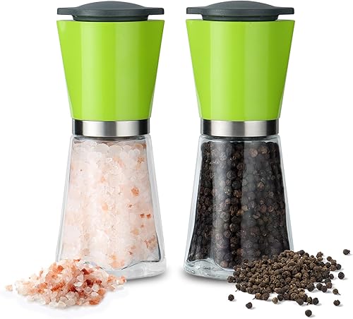 Lebabo Juego de molinillo de sal y pimienta, coctelera de vidrio grueso recargable con molino de cerámica gruesa ajustable, molinillo de pimienta