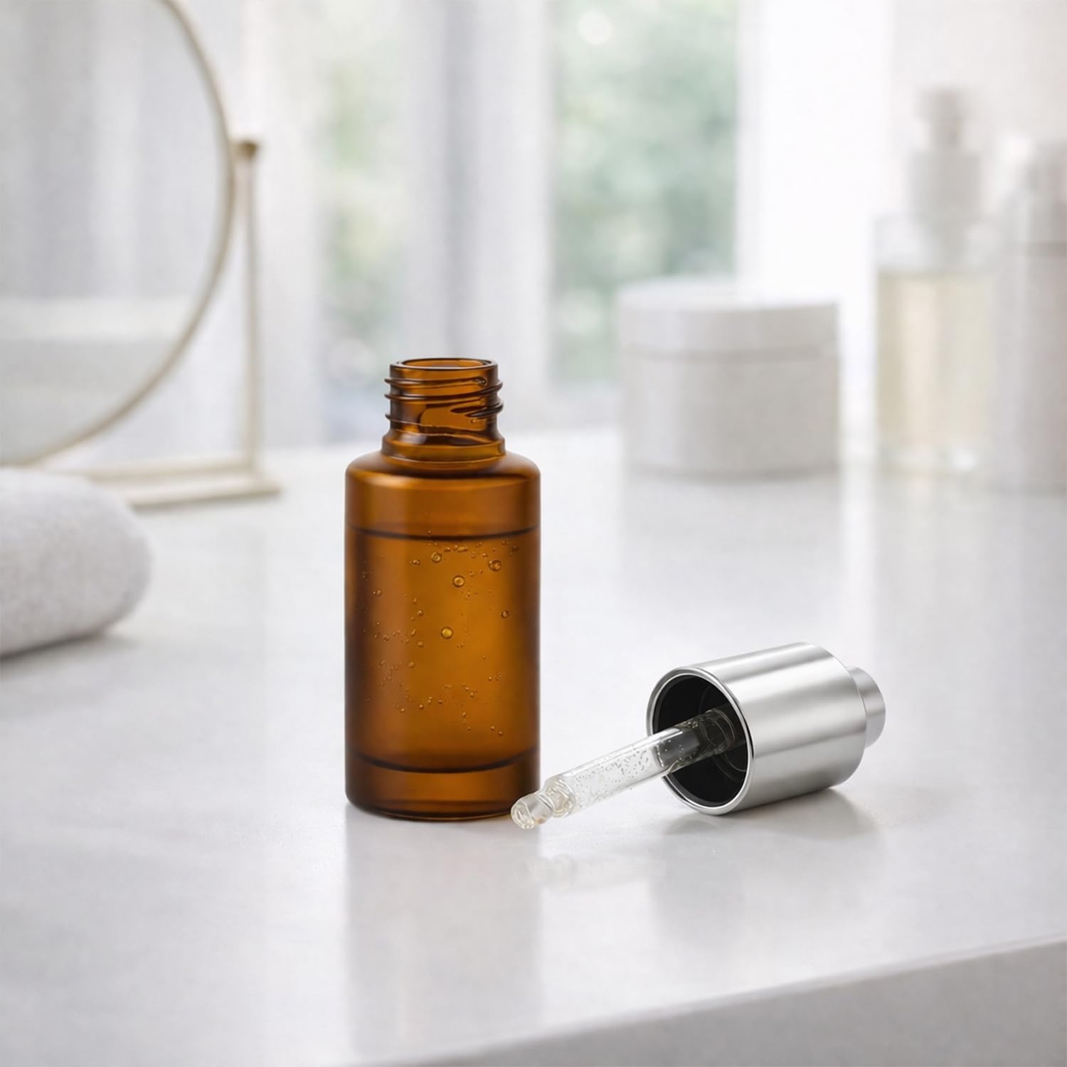 4Packs 30ml/1OZ Amber Glass Pump Dropper Bottles Refillable Essential Oil Bottles with Press Pump Dropper Leakproof Serum Container for Skincare, Aromatherapy, Essential Oils