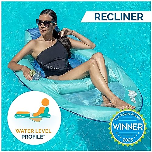 Image of SwimWays Spring Float Recliner Chair for Swimming Pool, Inflatable Pool Floats Adult with Fast Inflation, Cup Holder & Foot Rest for Ages 15 & Up, Aqua