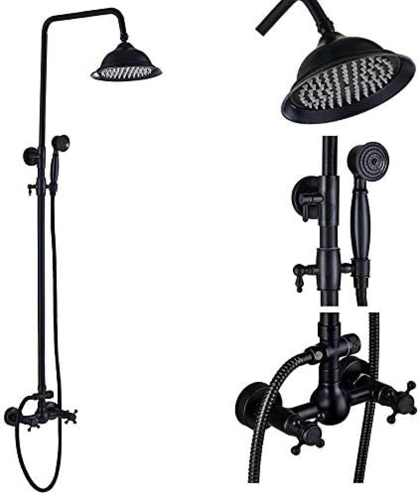 ASerZenith Black Shower Faucets Set 8 Inch Brass Rainfall Shower Head Tub Spout Bath Shower Wall Mounted Black Copper Tub Spout Shower(Model E)