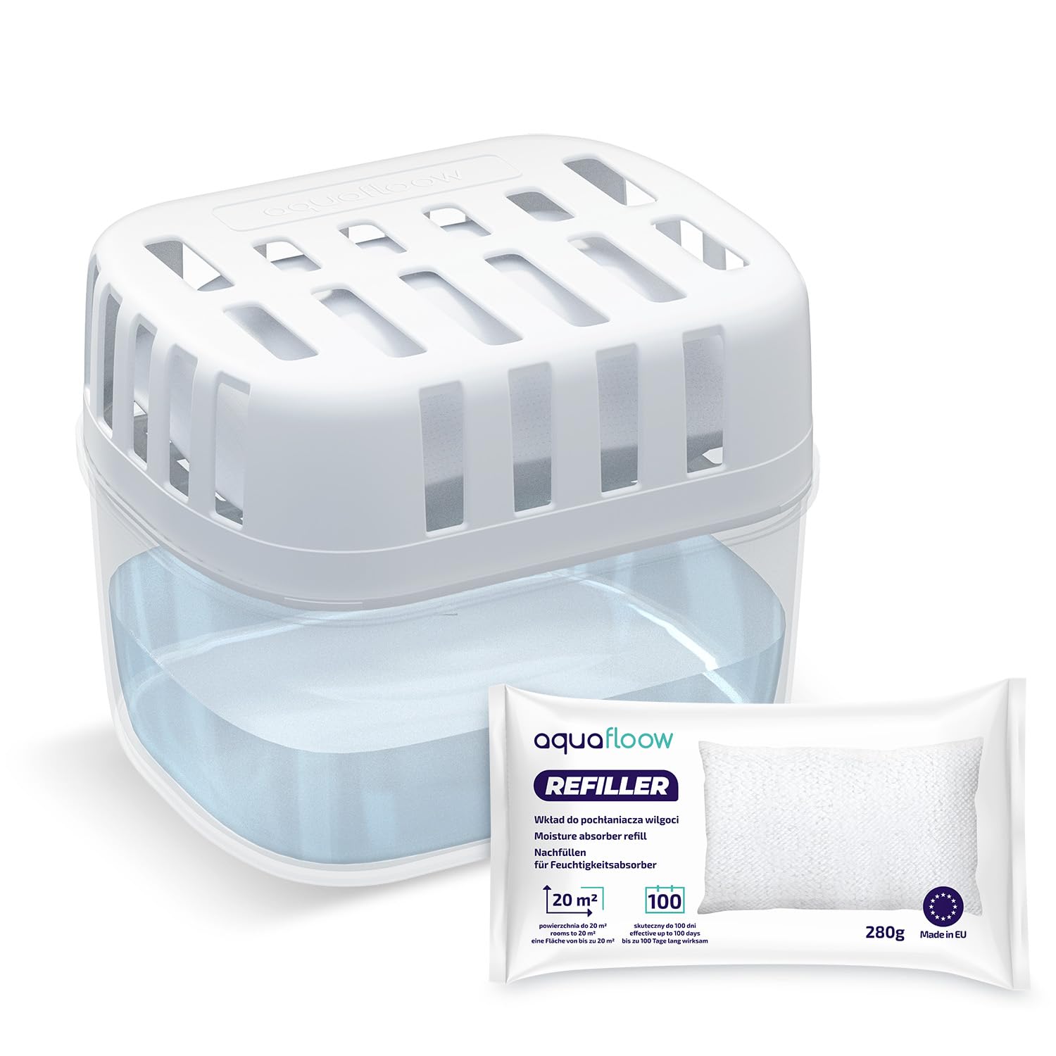 Aquafloow 4x Déshumidificateurs + 8x Granulés dans un sachet de recharge de 280 g, Sachets de recharge pour déshumidificateur, Packs de recharge | Empêche la moisissure, odeurs désagréables