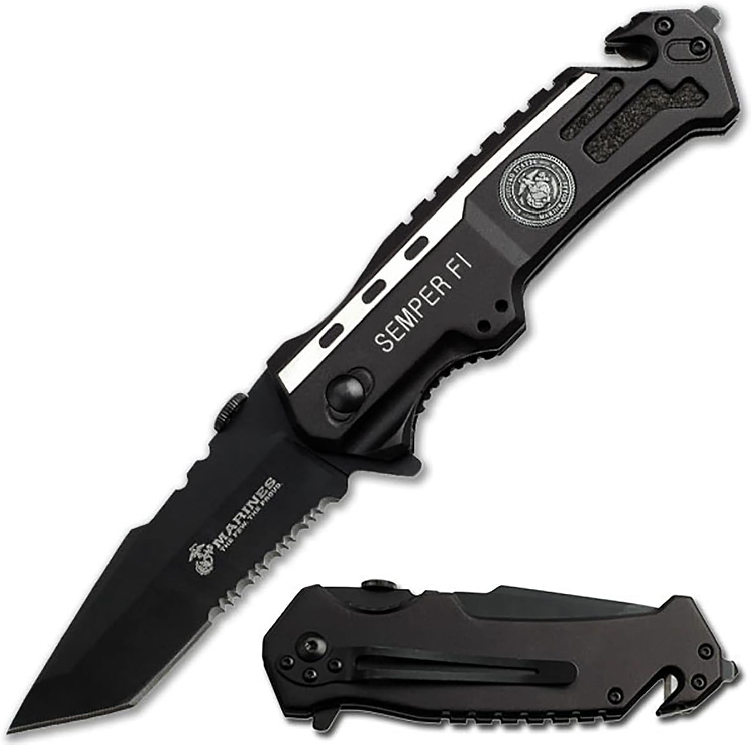 MTECH USA Pocket Folding Knife, Licensed by USMC, Pocket Clip, Tactical, Survival, Rescue, EDC (1000 Black)