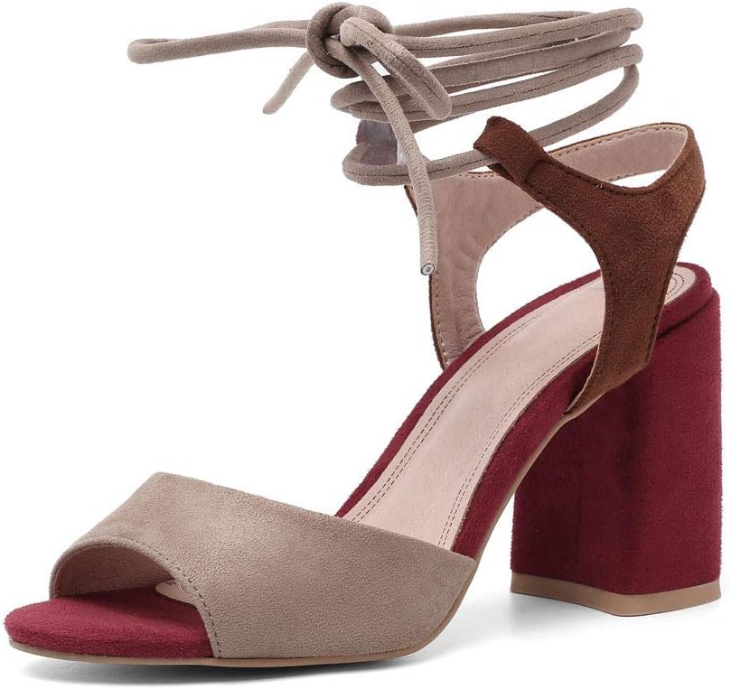 JF shoes Women's Dress Sandals Thick Heel Lace-up Sandals High Heel Sandals Dinner Party Dance Brown Apricot Wine Red Size 8.5