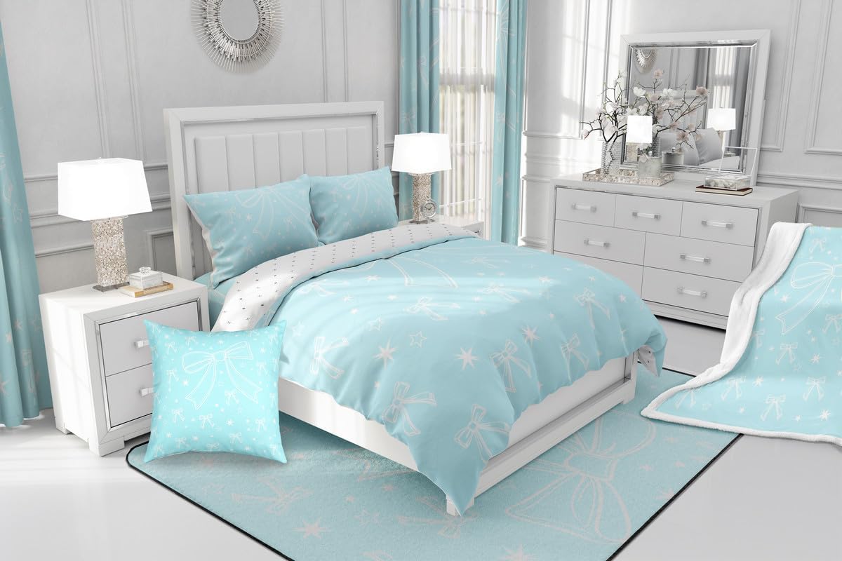 Feelyou Blue BowKids Bedding Set,Boys Girls Toddler Size,Star Print Comforter Set,Cute Coquette Bow Knot Duvet Quilt,Butterfly Knot Princess Comforter Bowknot Themed Bedroom Decor