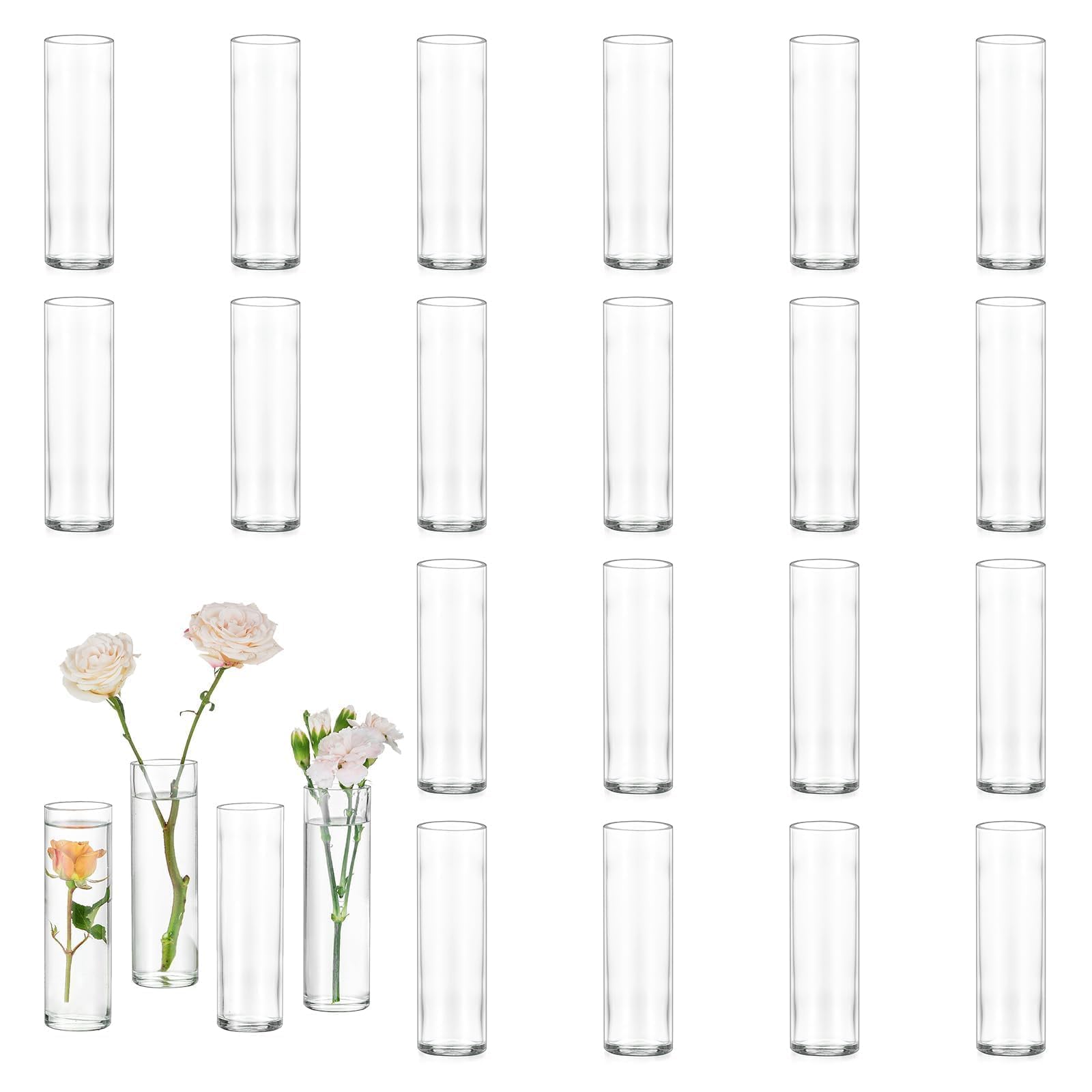 Glasseam Jarrón Cilíndrico de Cristal para Mesa: 24 Piezas de Pequeños Jarrones para Centro de Mesa de Boda Fiesta Decoración de Mesa en Casa - Jarrón Moderno Transparente para Rosas y Tulipanes