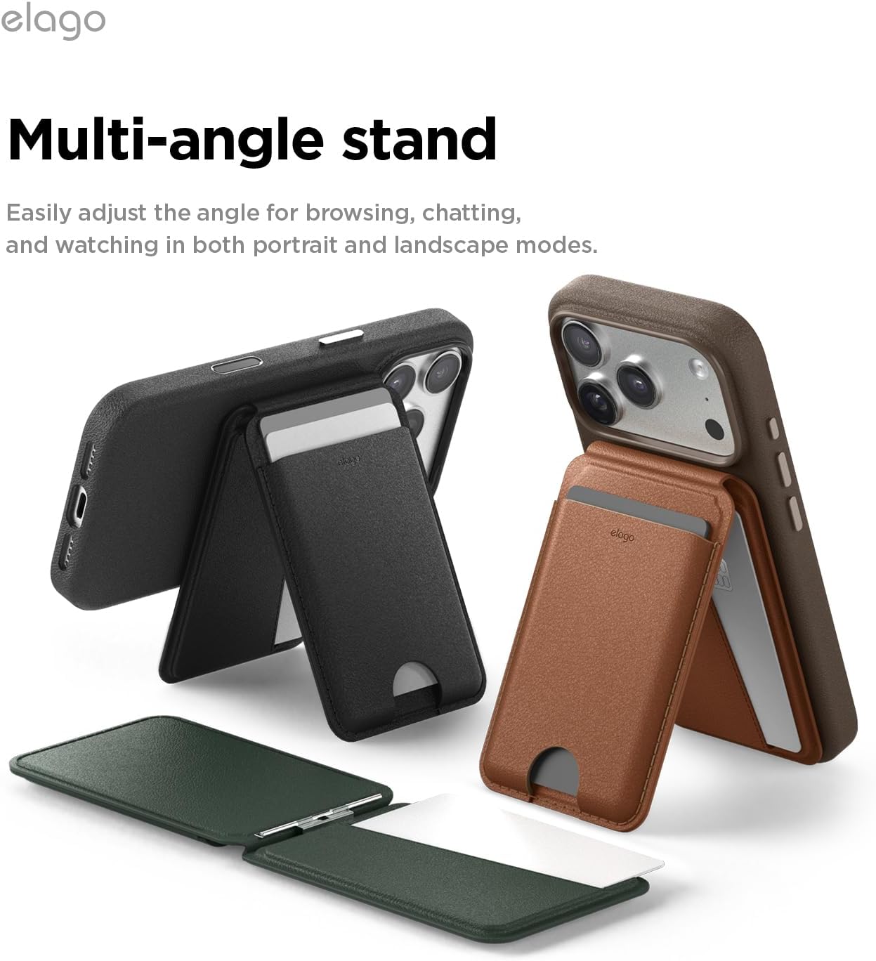 elago Magnetic Wallet Stand Compatible with MagSafe for iPhone - Vegan Leather, Adjustable Stand Type Phone Wallet, Multi-Angle, Card-Pressing mechanism (Brown)