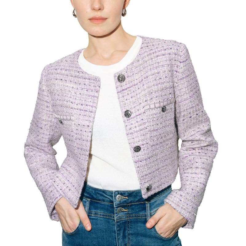 Women's Long Sleeve Cropped Tweed Jacket with Pocket Button Slim Fit Work Office Short Tweed Blazer