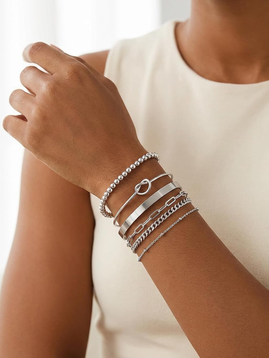 Jovivi 6Pcs Stainless Steel Bracelets for Women Men Silver/14K Gold Plated Beads Love Knot Cuff Paperclip Cuban Link Chain Bracelet Sets Jewelry Gifts Adjustable - Image 4