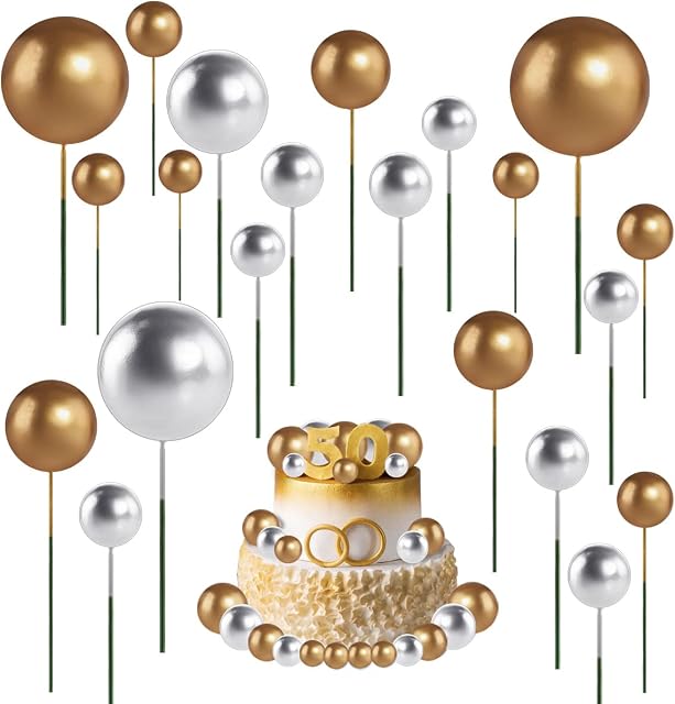 66pcs Balloon Cake Topper, Foam Balls Cake Toppers Mini Balloon Cake Picks Round Pearl DIY Cake Insert Cupcake Topper for Birthday Party Wedding Baking Cake Decoration (Silver)