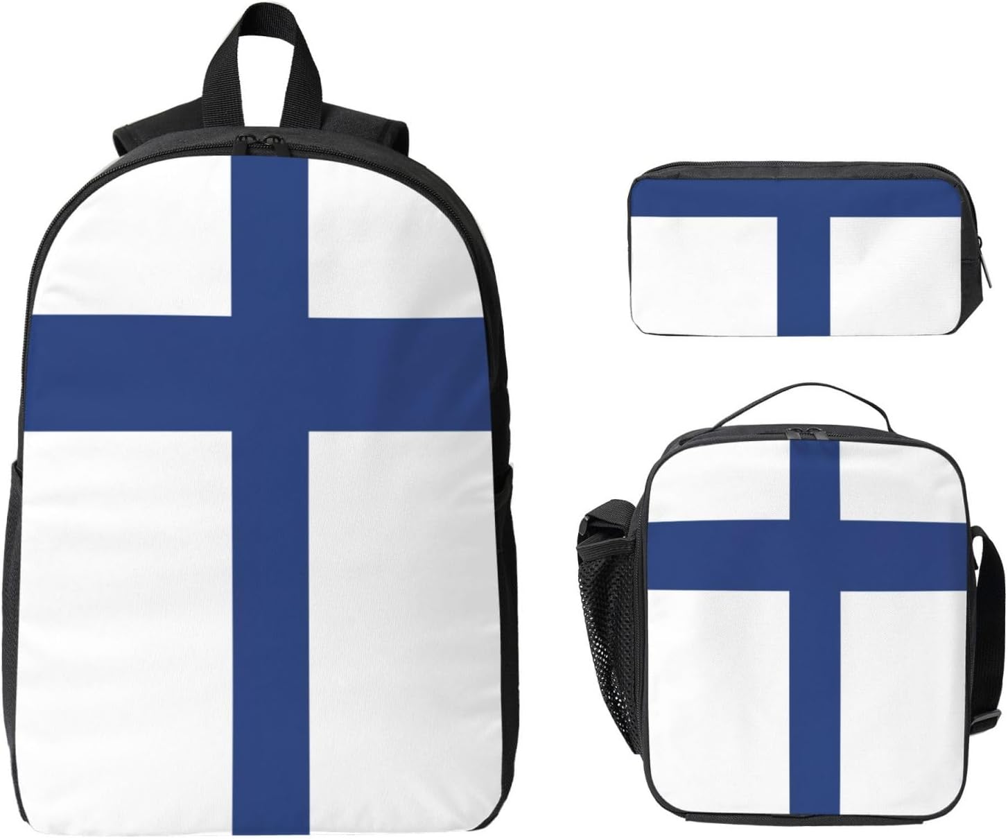 Finnish flag print 3 Piece Backpack Bags with Lunch Box Pencil Case Set for Travel Work Camping Unisex