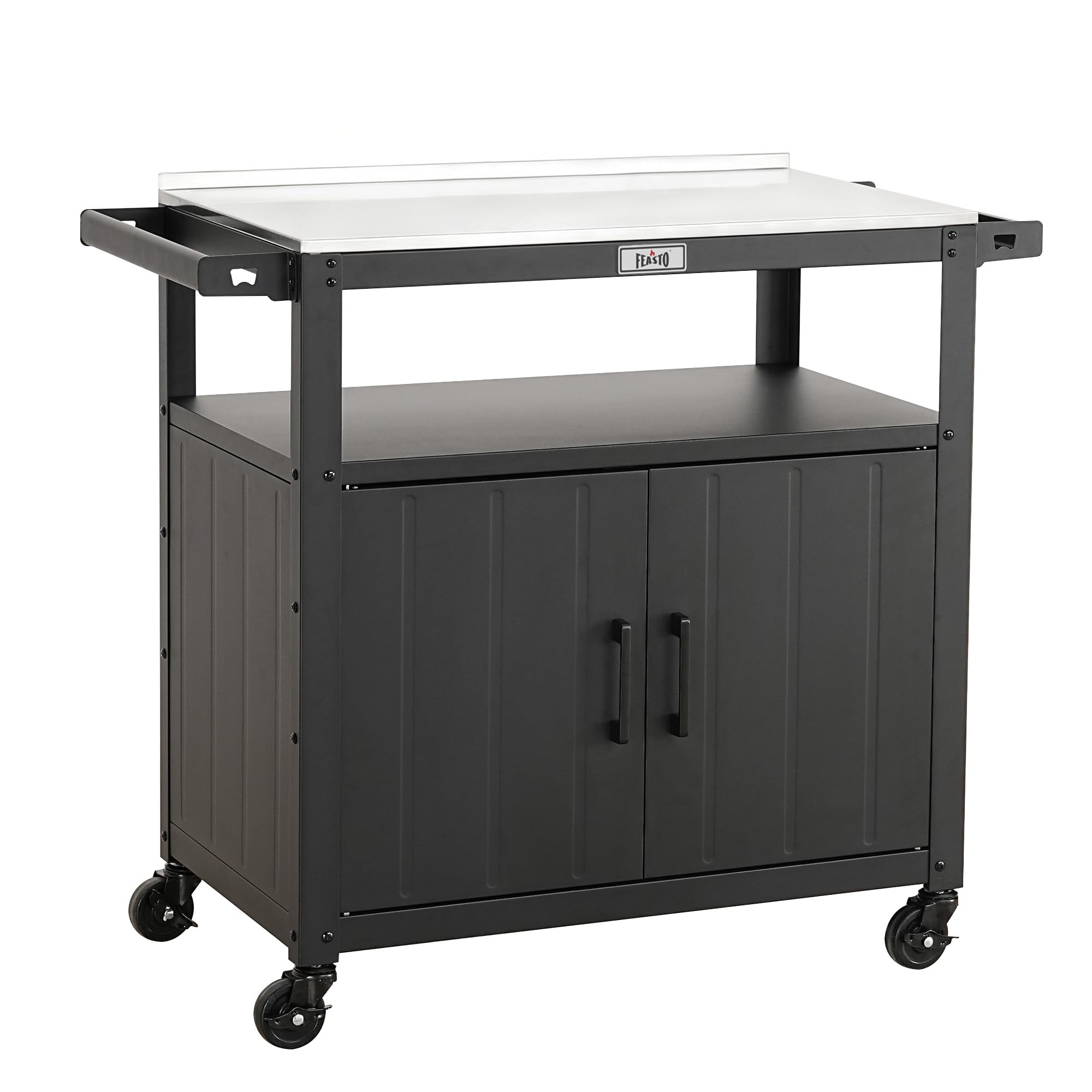 Feasto Chariot pour Barbecue avec Armoire de Rangement, 100x45x88 cm | Desserte Plancha avec Plateau en Acier Inox et 4 Roues, Idéal pour Jardin , Terrasse ou Cuisine Exterieure