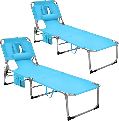 Miniatura 23 de GYMAX Silla de bronceado, tumbona plegable de playa con agujero para la cara y el brazo, respaldo ajustable, bolsillo lateral, almohada y asa