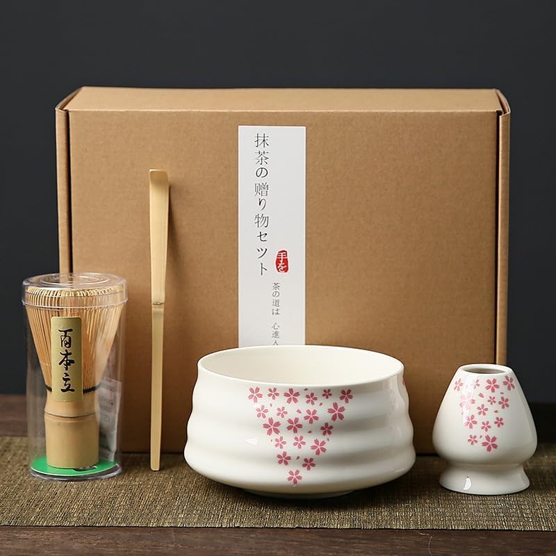Sponsored Ad – Matcha Tea Set,4pcs Traditional Japanese Matcha Tea Ceremony Kit with Bamboo Whisk | Matcha Bowl with Spout + Matcha Whisk Holder & Sifter (Cherry)