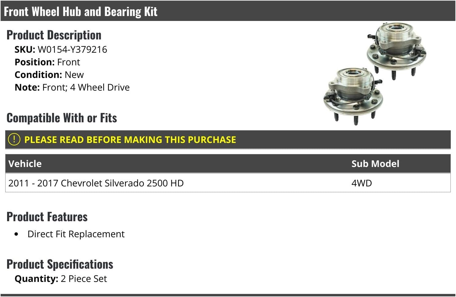 Front Wheel Hub and Bearing Kit 2 Piece Set – Compatible with 2011-2017 Chevy Silverado 2500 HD 4WD