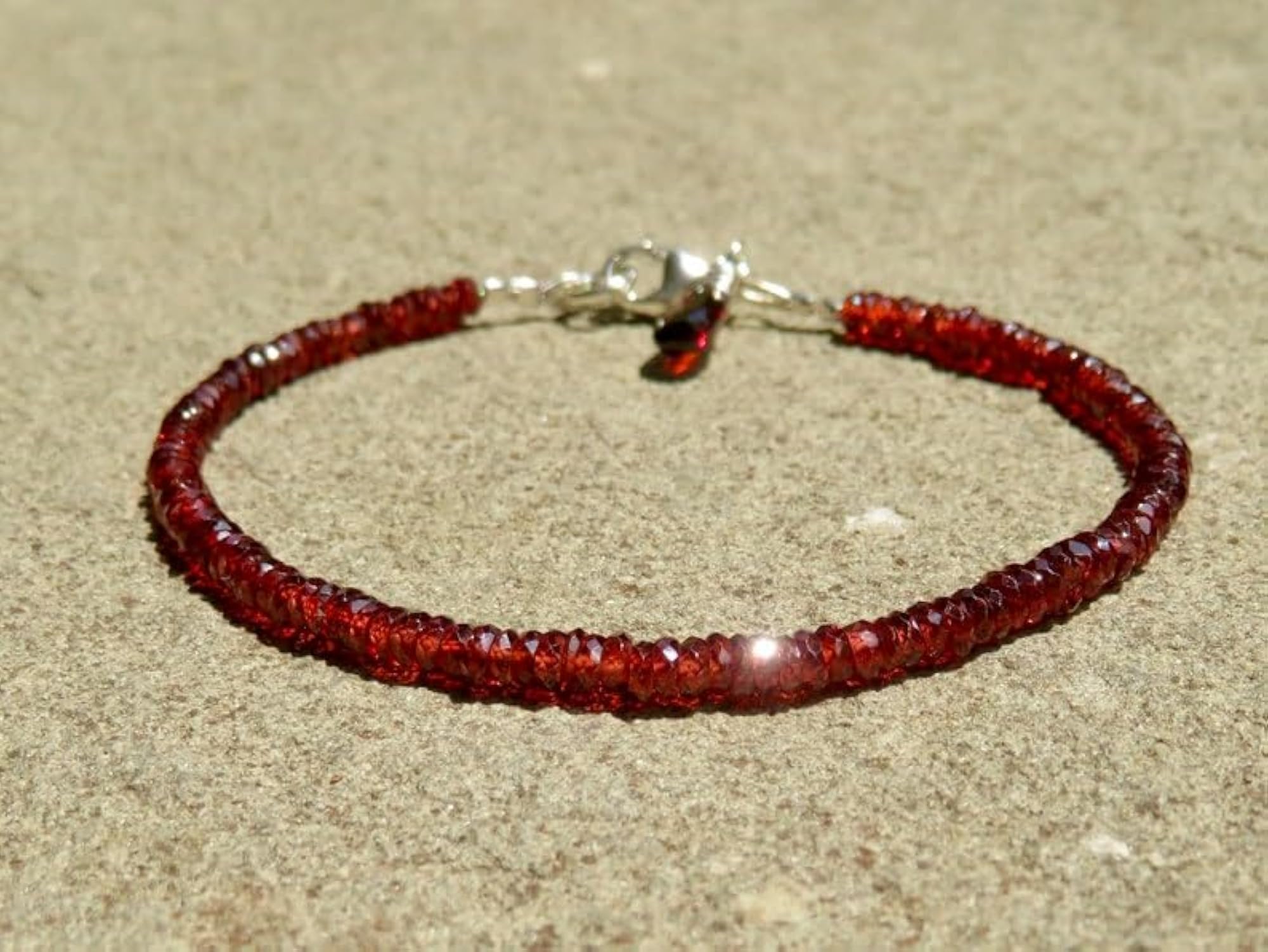 Garnet Tyre Beaded Bracelet with Faceted Red Stones, Adjustable